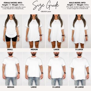 May include: Size guide for Gildan 5000 t-shirts. The image shows models wearing white t-shirts in various sizes, from Small to 2X-Large. The female model is 5'4" and 120lbs, typically wearing a Small. The male model is 6'0" and 180lbs, typically wearing a Large.