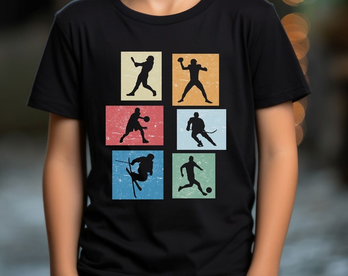 Kids Baseball Basketball Football Hockey Skiing Soccer Silhouette Shirt, Retro Kids Sports Shirt, Cute Kids Sports Shirt, Sports Player Gift