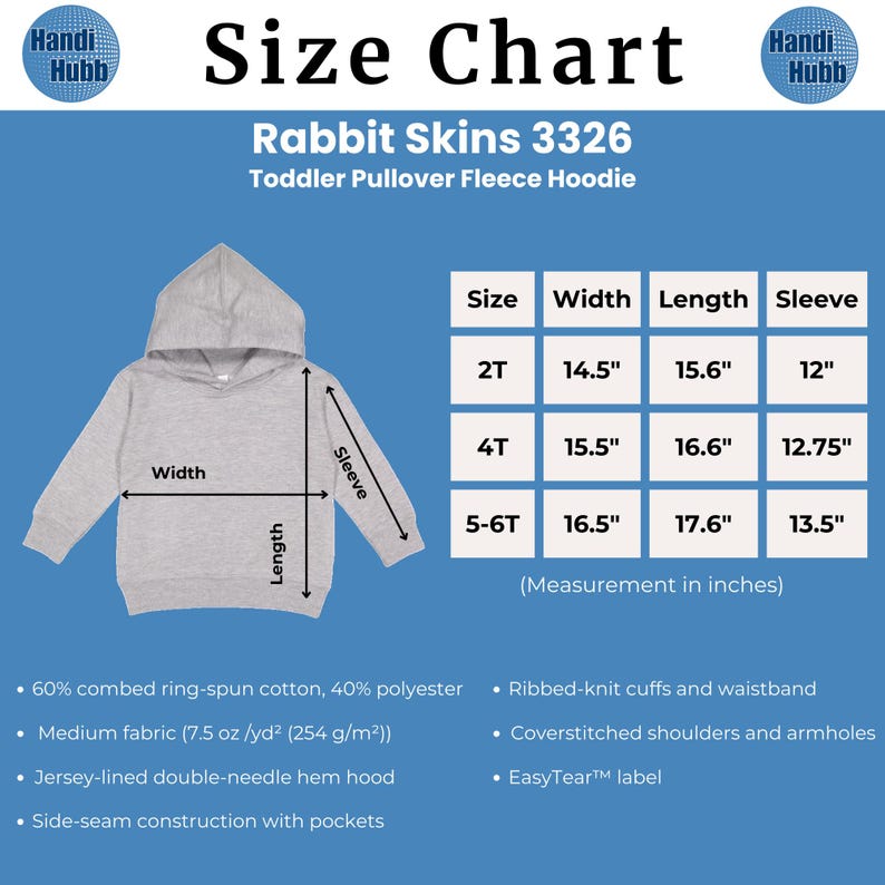 Może przedstawiać: Tabela rozmiar&oacute;w bluzy z kapturem z polaru dla maluch&oacute;w. Tabela pokazuje wymiary w calach dla rozmiar&oacute;w 2T, 4T i 5-6T. Bluza z kapturem jest jasnoszara i ma kaptur, długie rękawy i kieszeń kangurka.