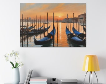 Venetian Sunset | Gondolas on Golden Waters Painting | Romantic Venice Canvas Print