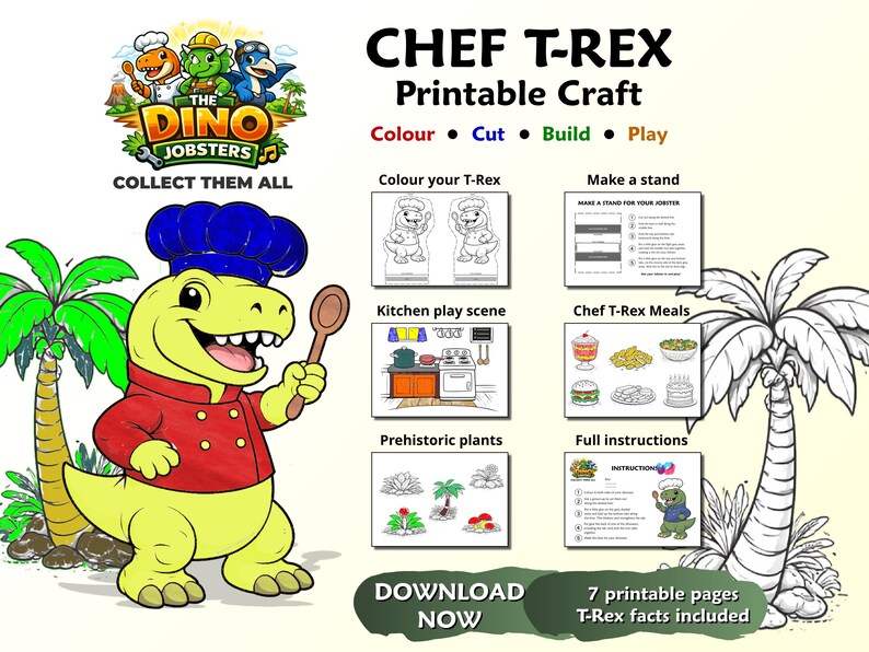 Chef T-rex Dinosaur Craft Printable | Kids Activity (PDF Download ...