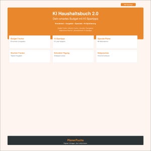 Könnte beinhalten: Digitales Finanzplanungsdokument mit dem Titel "KI Haushaltsbuch 2.0" mit orangefarbenen und weißen Designelementen. Das Dokument enthält Abschnitte für Budgetverfolgung, Sparplanung und Schuldenmanagement. Der Text "PlanerFuchs" steht unten.