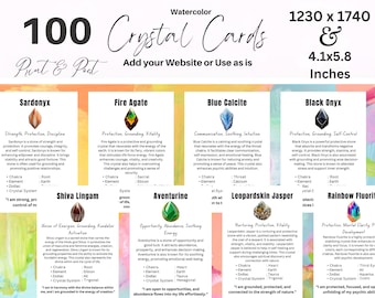 May include: A set of 100 printable crystal cards, each featuring a different crystal with its name, properties, and chakra alignment. The cards are designed in a watercolor style with a white background and colorful illustrations of each crystal. The text on the cards is in a handwritten font. The cards are perfect for use in crystal healing, meditation, or as a decorative element in your home.