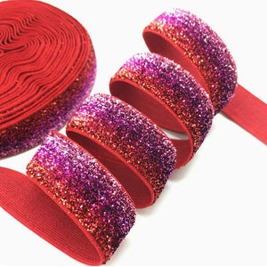 1 Meter 16 mm, Glitzer-Gummiband in vielen Farben, perfekt für JGA-Armbänder, Haargummis, DIY,  Metallic, Zopfgummi, Farbe Fuchsia-Rot