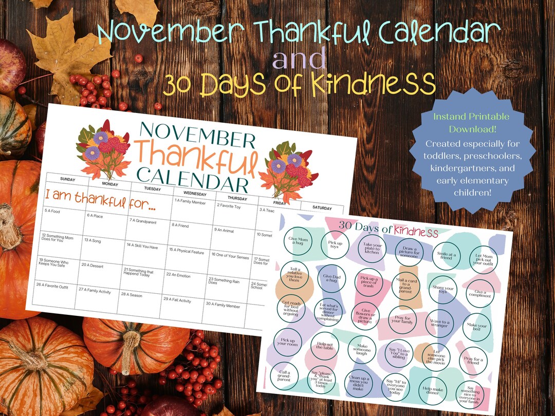 November Thankful Calendar Daily Gratitude Calendar Kids Calendar