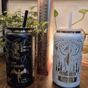 Fourth Wing - Basgiath War College Inspired - Book Tok - Stainless Steel 16 oz. Powder coated GOLD Plated Engraved Tumbler - Black/White