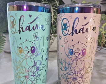 Lilo and Stitch &quot;Ohana&quot; - 20 oz Rainbow Plated Stainless Steel Custom (Stitch BLUE or Angel PINK) Engraved Tumbler