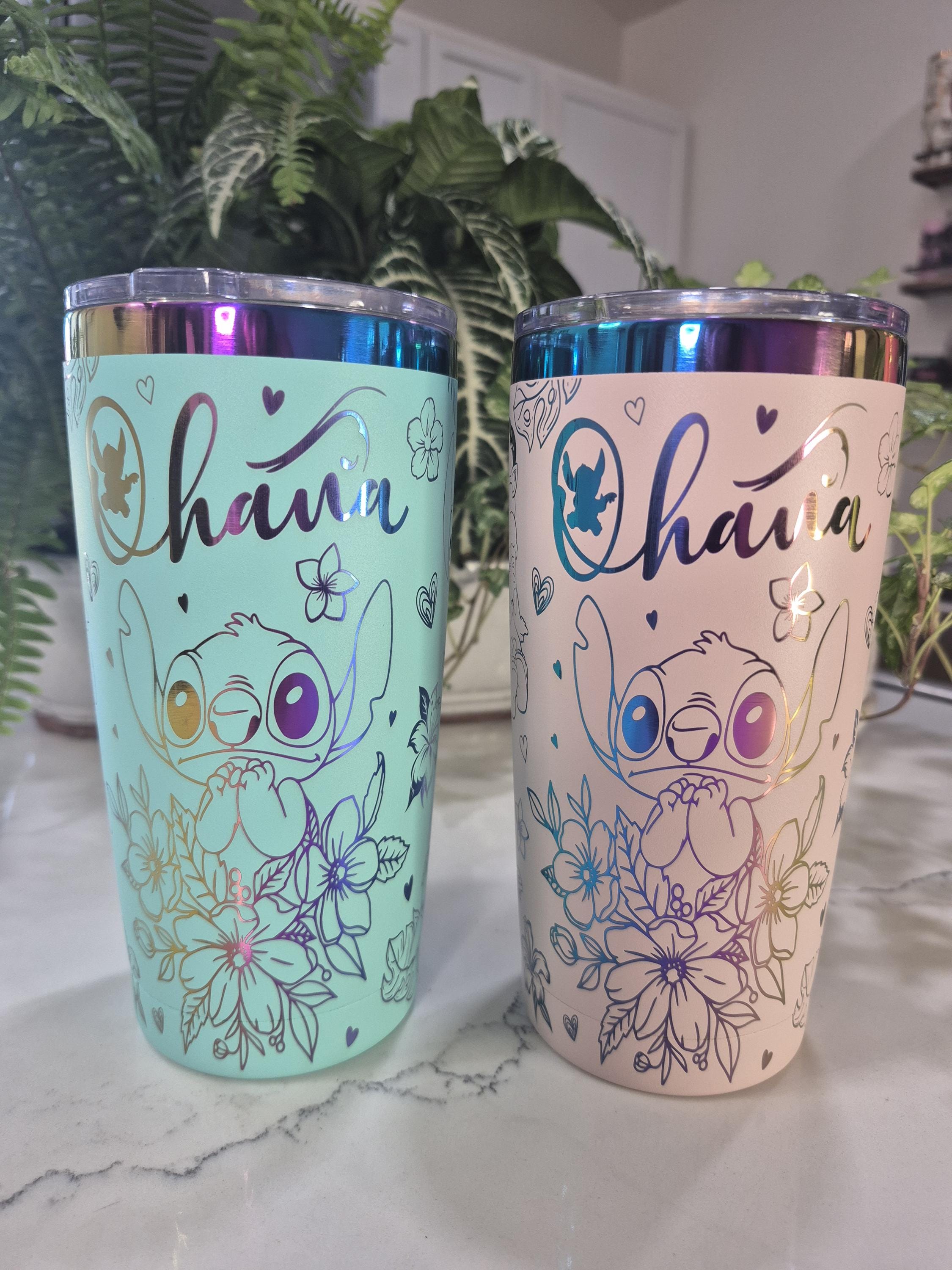 Lilo and Stitch "Ohana" - 20 oz Rainbow Plated Stainless Steel Custom (Stitch BLUE or Angel PINK) Engraved Tumbler
