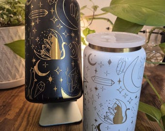 Celestial Cats and Crystals - Stainless Steel 16 oz. Powder coated GOLD Plated Engraved Tumbler - Black/White
