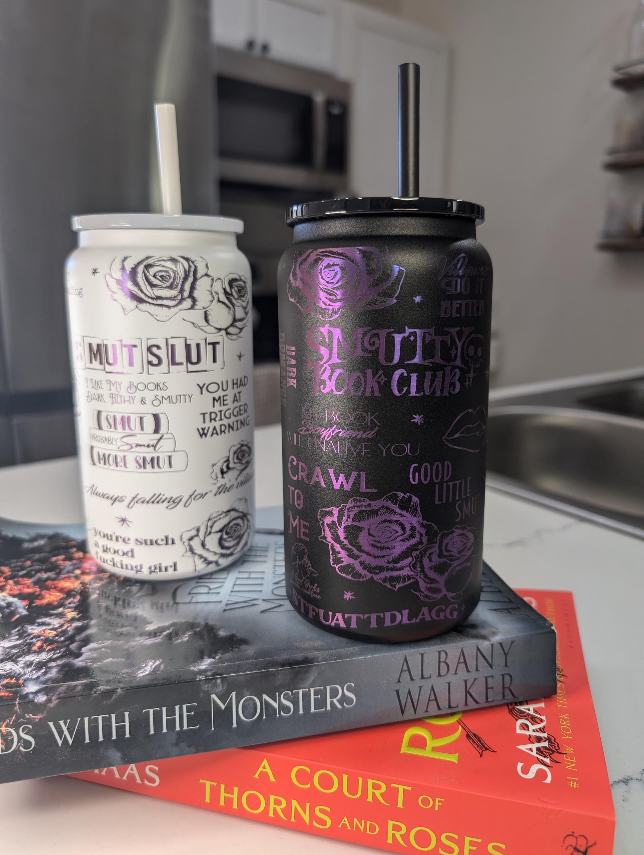 SMUT Club - Spicy - Romance Reader - Book Tok - Stainless Steel 16 oz. Powder coated Purple Ombre Plated Engraved Tumbler - Black/White