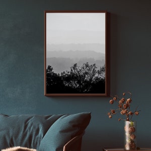 Paisaje de capas de niebla, blanco y negro, fotografía, imagen digital en venta, decoración de pared, imprimible, descarga digital