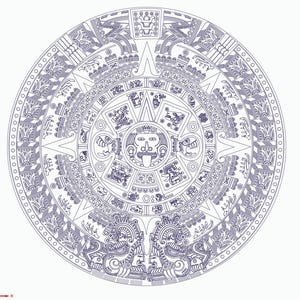 May include: A detailed black and white line drawing of the Aztec calendar stone, also known as the Sun Stone. The stone is circular and features a central face with a tongue sticking out, surrounded by concentric rings of glyphs and symbols.