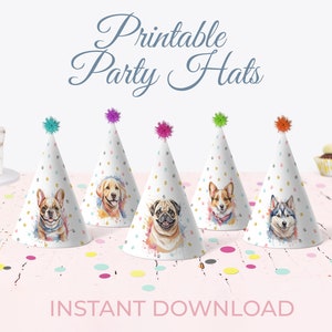 Printable Party Hats Dogs Party Decor Birthday Party Decorations Husky Pug French Bulldog Corgi and Golden Retriever Digital File