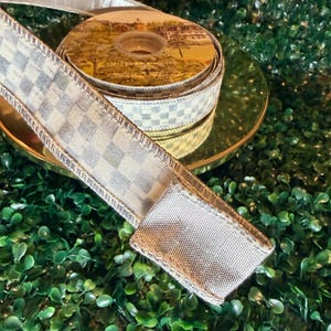 Sold by the yard- 1” Mackenzie Childs Sterling check gray and white with silver lame backing wired ribbon Authentic image 11