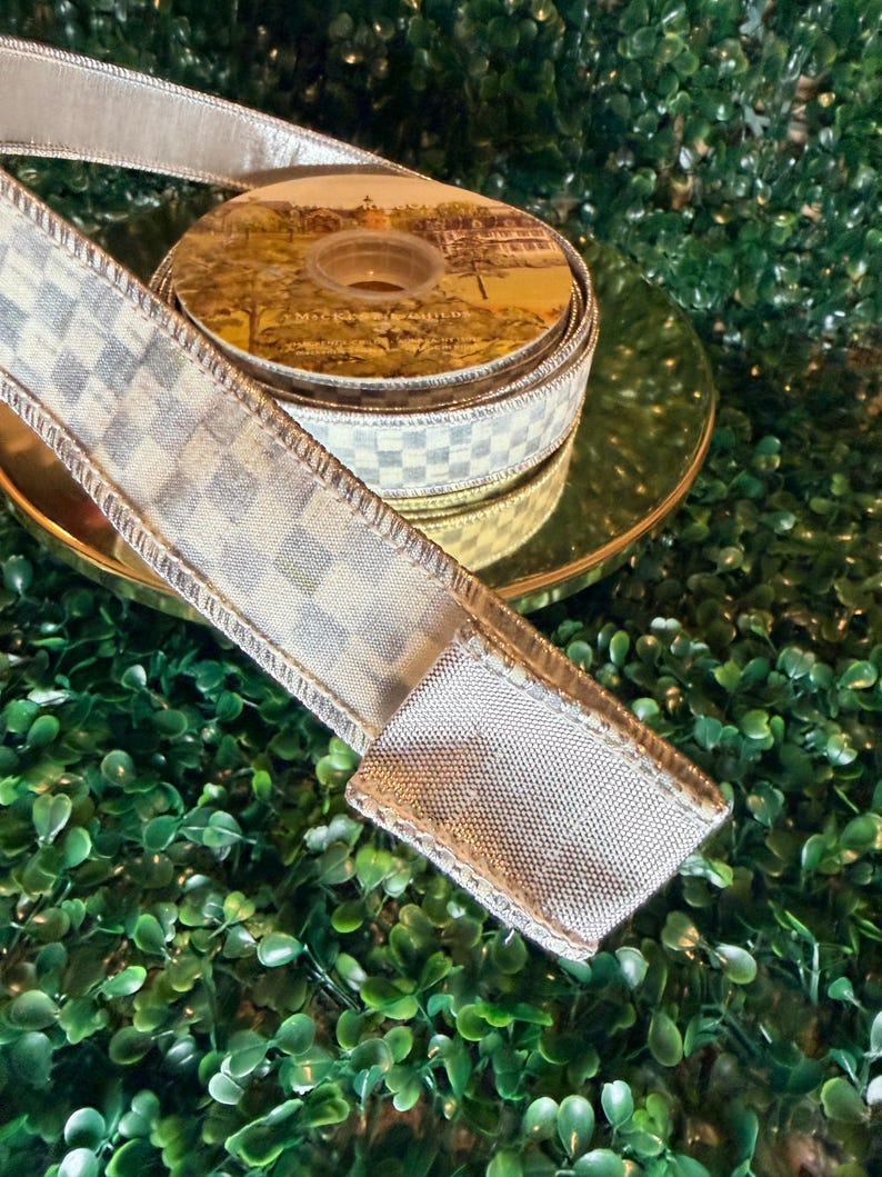 Sold by the yard- 1” Mackenzie Childs Sterling check gray and white with silver lame backing wired ribbon Authentic image 11