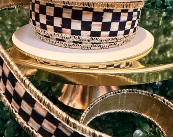 Sold by the yard- 1” Mackenzie Childs  Courtly check black and white with gold lame backing wired ribbon Authentic