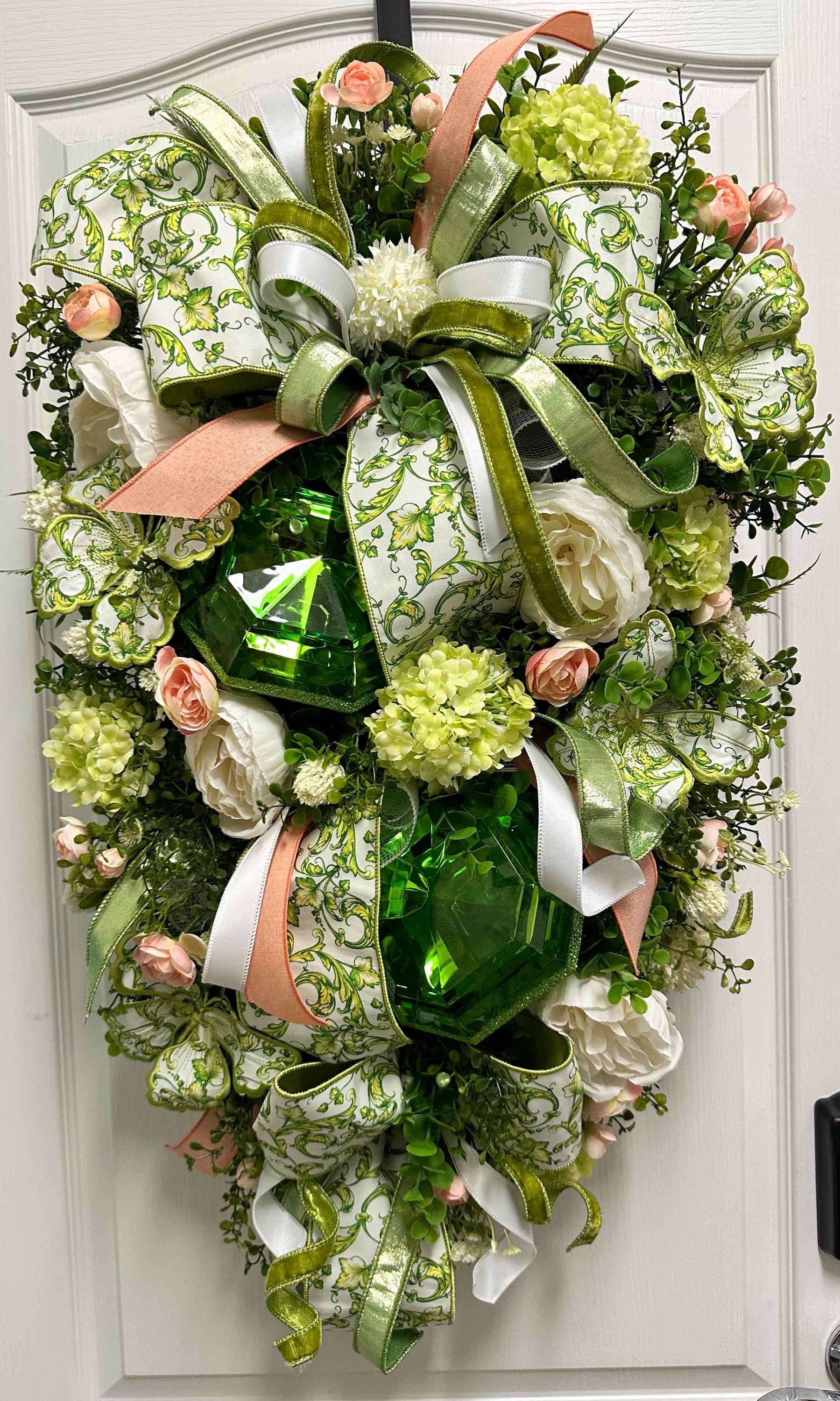 XL Elegant Lime green and coral chinoiserie Spring butterfly swag!  Spring wreath, Floral wreath,  butterfly wreath, everyday wreath, 34”X20