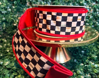Sold by the yard- 2.5” Mackenzie Childs  Courtly check red back wired ribbon Authentic