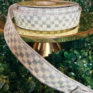 Sold by the yard- 1” Mackenzie Childs Sterling check gray and white with silver lame backing wired ribbon Authentic image 14