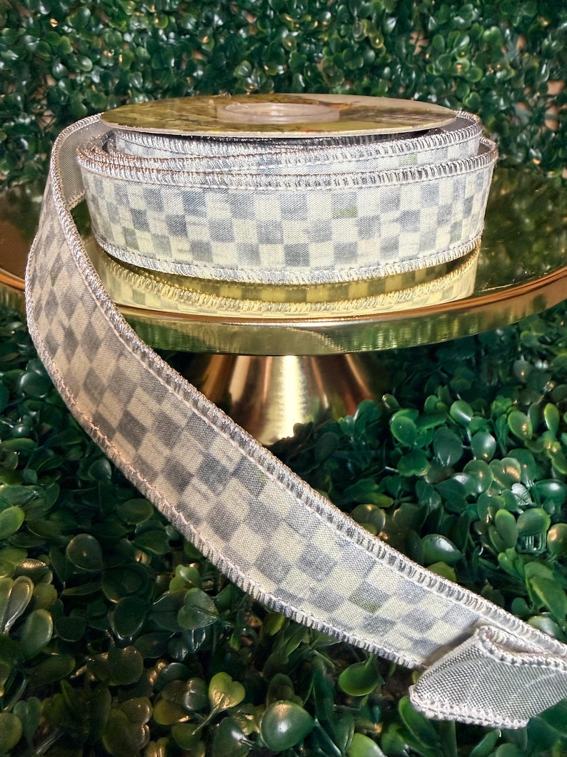 Sold by the yard- 1” Mackenzie Childs Sterling check gray and white with silver lame backing wired ribbon Authentic image 14