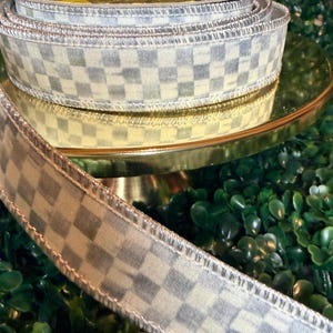 Sold by the yard- 1” Mackenzie Childs Sterling check gray and white with silver lame backing wired ribbon Authentic image 4