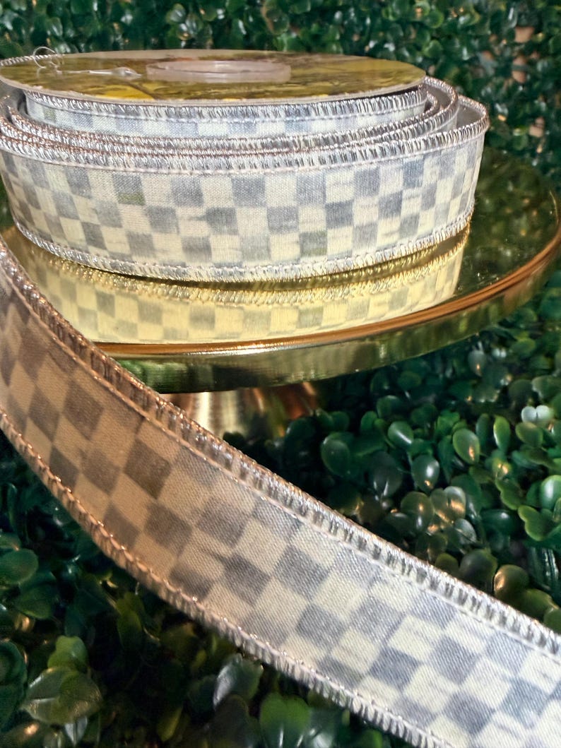 Sold by the yard- 1” Mackenzie Childs Sterling check gray and white with silver lame backing wired ribbon Authentic image 4