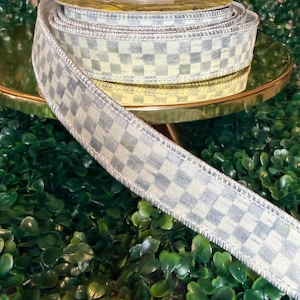 Sold by the yard- 1” Mackenzie Childs Sterling check gray and white with silver lame backing wired ribbon Authentic image 9