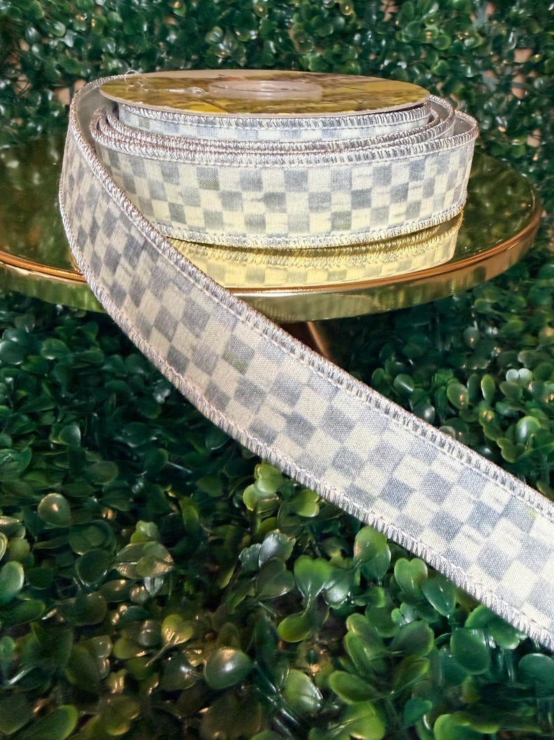 Sold by the yard- 1” Mackenzie Childs Sterling check gray and white with silver lame backing wired ribbon Authentic image 9