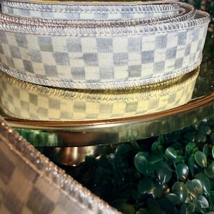 Sold by the yard- 1” Mackenzie Childs Sterling check gray and white with silver lame backing wired ribbon Authentic image 5