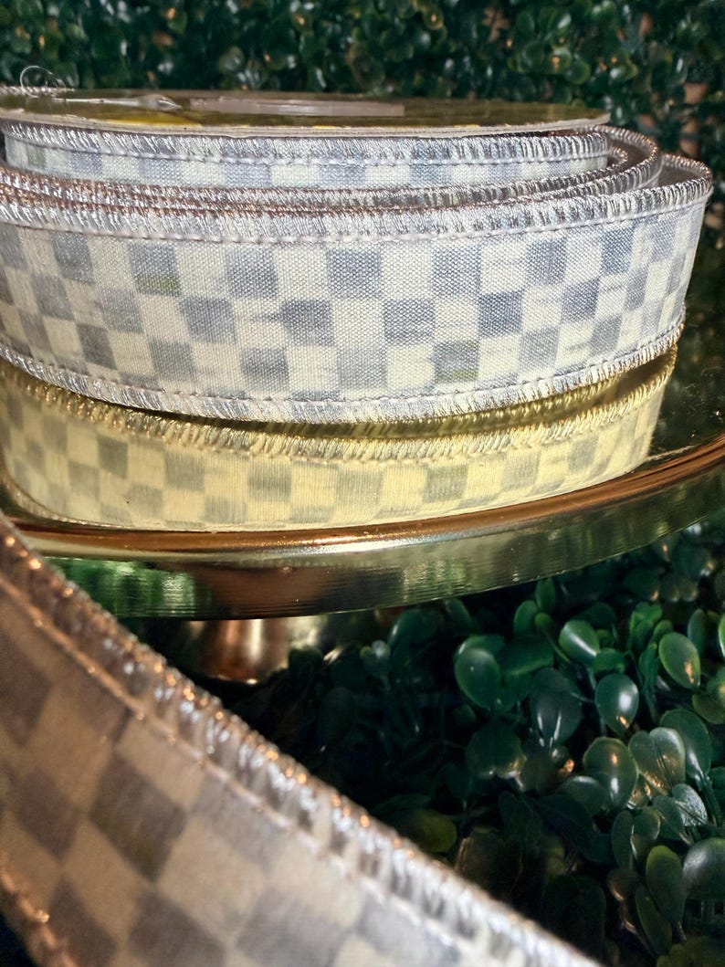 Sold by the yard- 1” Mackenzie Childs Sterling check gray and white with silver lame backing wired ribbon Authentic image 5