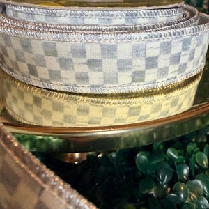 Sold by the yard- 1” Mackenzie Childs Sterling check gray and white with silver lame backing wired ribbon Authentic image 10