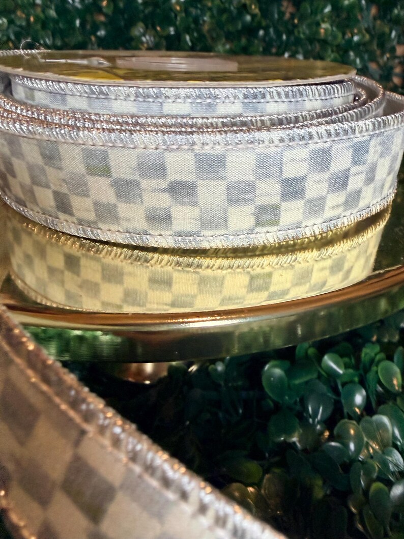Sold by the yard- 1” Mackenzie Childs Sterling check gray and white with silver lame backing wired ribbon Authentic image 10