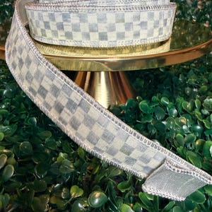 Sold by the yard- 1” Mackenzie Childs Sterling check gray and white with silver lame backing wired ribbon Authentic image 19