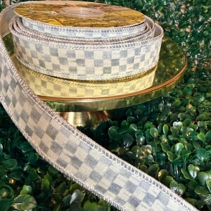 Sold by the yard- 1” Mackenzie Childs Sterling check gray and white with silver lame backing wired ribbon Authentic image 12