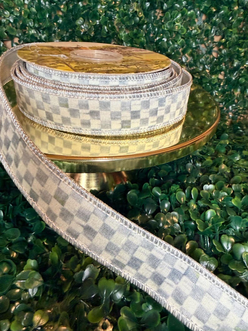 Sold by the yard- 1” Mackenzie Childs Sterling check gray and white with silver lame backing wired ribbon Authentic image 12