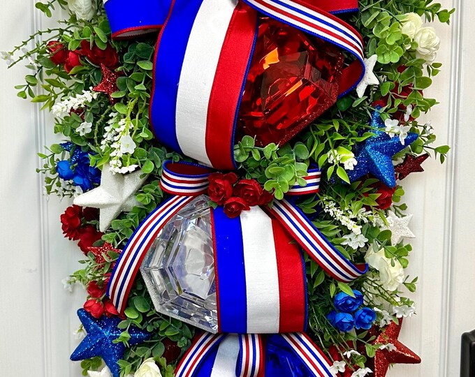 XL Patriotic Red White Blue Wreath | 4th of July Door Decor | Americana ...
