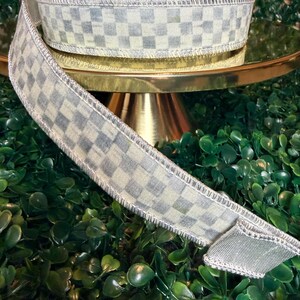 Sold by the yard- 1” Mackenzie Childs Sterling check gray and white with silver lame backing wired ribbon Authentic image 13