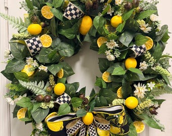 XL Wreath for Front Door, Summer Lemon Wreath, Farmhouse Citrus Wreath, Yellow Lemon Door Decor, Kitchen Lemon Decor, Spring Wreath