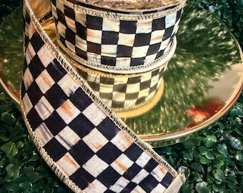 Sold by the yard- 2” Mackenzie Childs  Courtly check black and white with gold lame backing wired ribbon Authentic