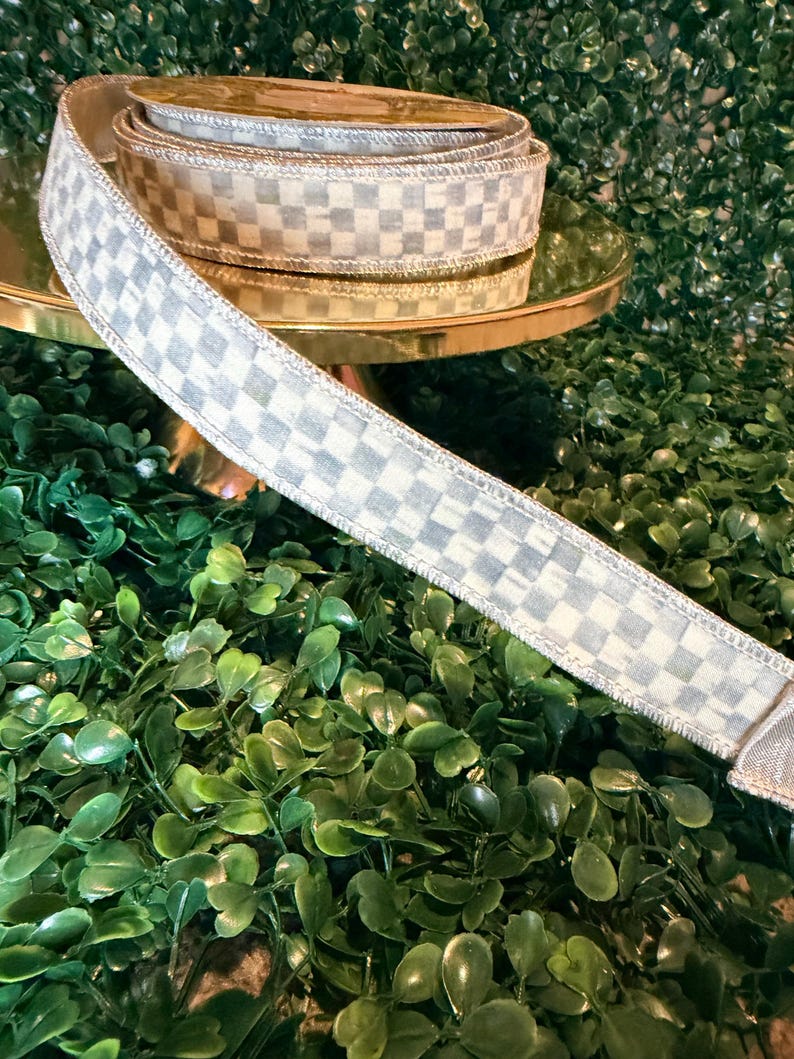 Sold by the yard- 1” Mackenzie Childs Sterling check gray and white with silver lame backing wired ribbon Authentic image 6