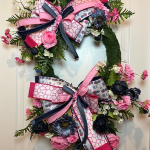 Beautiful blue and pink floral everyday moss wreath, spring/summer wreath