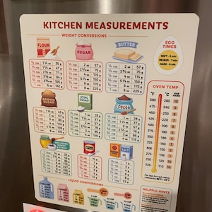 May include: A kitchen measurements chart with weight and liquid conversions, including flour, sugar, butter, and cocoa. It also features an egg timer and oven temperature guide in Fahrenheit and Celsius. The chart is affixed to a refrigerator.