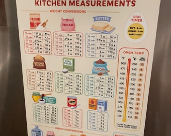 May include: A kitchen measurements chart with weight and liquid conversions, including flour, sugar, butter, and cocoa. It also features an egg timer and oven temperature guide in Fahrenheit and Celsius. The chart is affixed to a refrigerator.
