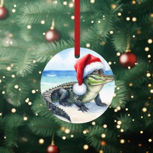 Personalized Alligator at the Beach Metal Ornament