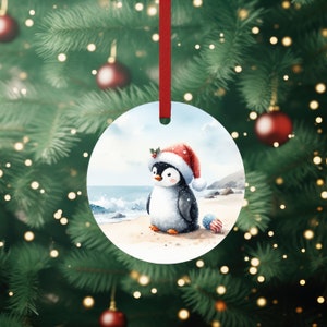 Personalized Penguin at the Beach Metal Ornament