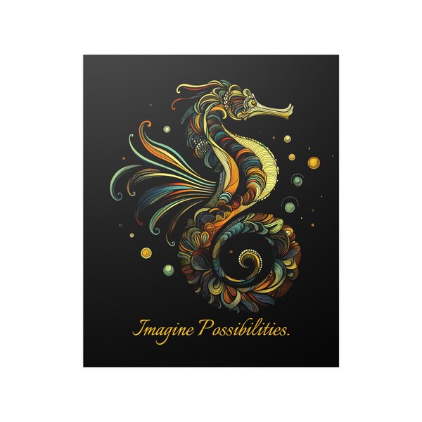 Art Nouveau Colorful Seahorse on Black Background - Imagine Possibilities - No.2 - Satin Finish Print Suitable for Framing