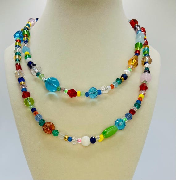 Double Strand Mixed Multi-Color Glass Bead Necklace