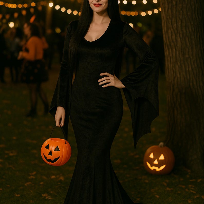 May include: A black velvet dress with long, flared sleeves and a V-neck. The dress is worn with a black wig and red lipstick. The person is holding an orange jack-o'-lantern bucket. A lit pumpkin sits on the ground.