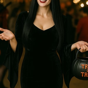 May include: A woman in a black velvet dress with long sleeves and a sweetheart neckline. She holds a black pumpkin-shaped candy bucket with orange text that reads "TRICK OR TREAT". The background is blurred with warm lighting.