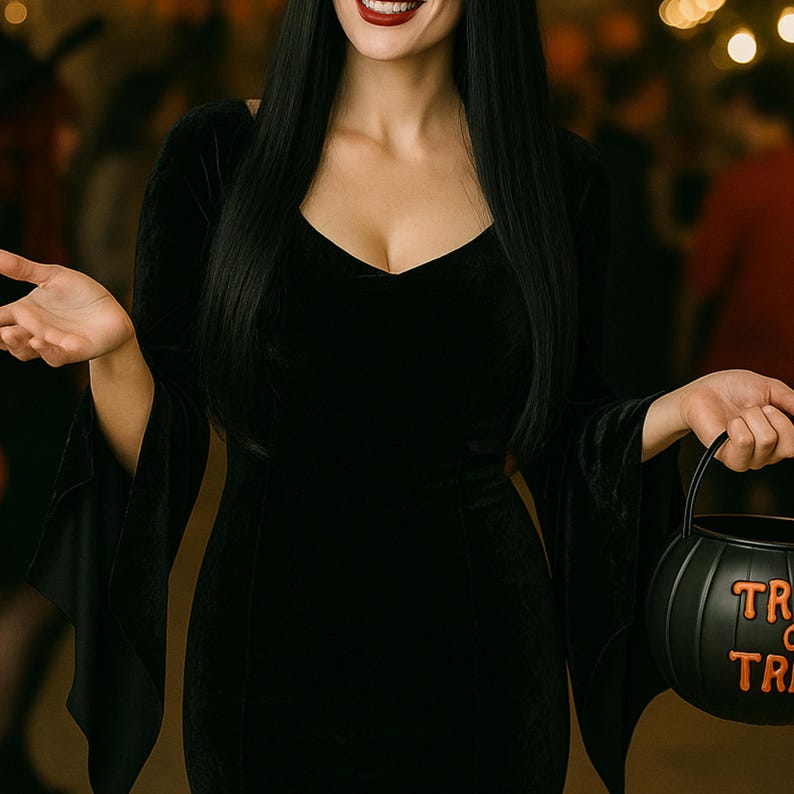 May include: A woman in a black velvet dress with long sleeves and a sweetheart neckline. She holds a black pumpkin-shaped candy bucket with orange text that reads "TRICK OR TREAT". The background is blurred with warm lighting.